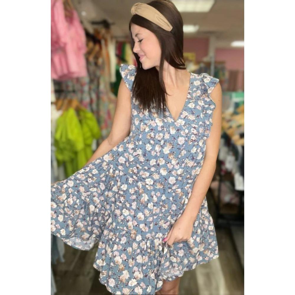 ee:some - Women's Blue Floral V-Neck Tiered Mini Dress - Size L - NWOT